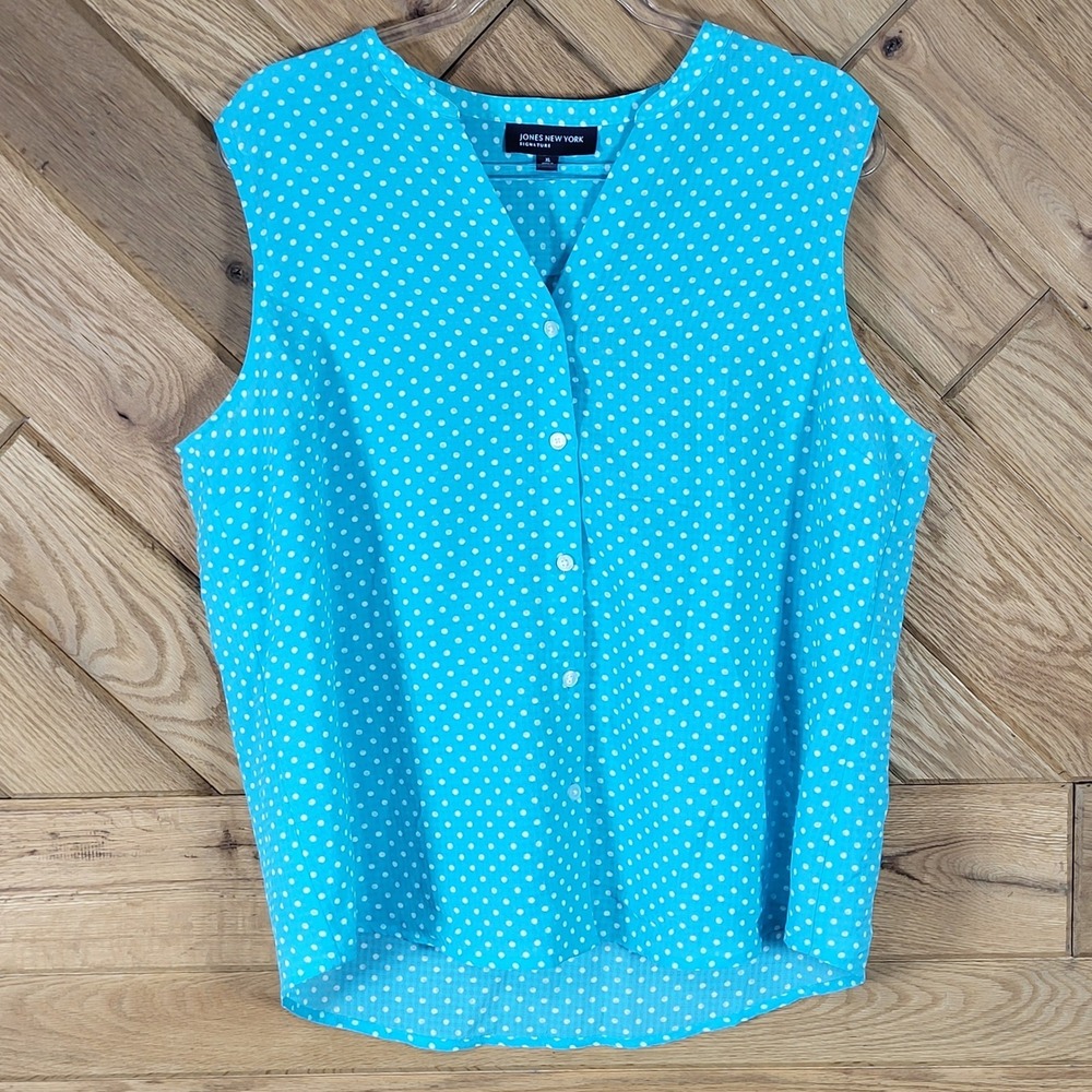 Jones New York Blouse Womens XL Polka Dot Button Down Sleeveless Turquoise Blue